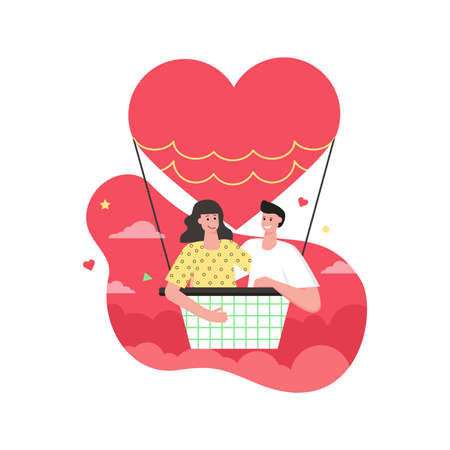 Valentines day celebration modern flat concept. Loving man and woman is flying on hot air balloon in big heart shape on romantic holiday. Vector illustration with people scene for web banner designのイラスト素材