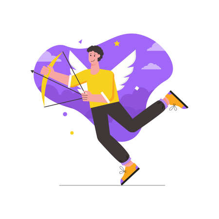 Valentines day celebration modern flat concept. Young man Cupid with bow and arrow flies to searching loving couples on romantic holiday. Vector illustration with people scene for web banner designのイラスト素材