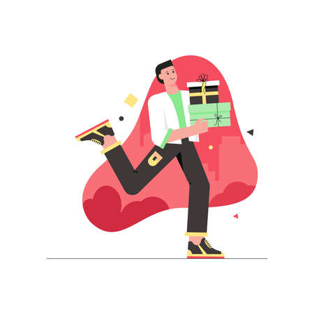 Valentines day celebration modern flat concept. Loving man holding gift boxes. Boyfriend giving or receiving presents on romantic holiday. Vector illustration with people scene for web banner designのイラスト素材
