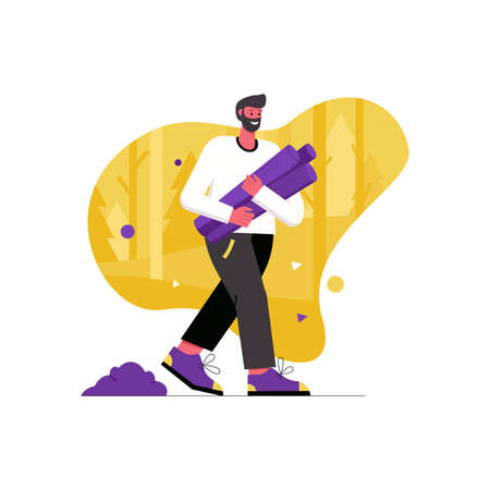 Camping and hiking activities modern flat concept. Man tourist carrying firewood for campfire, trekking and resting on picnic in forest. Vector illustration with people scene for web banner designのイラスト素材