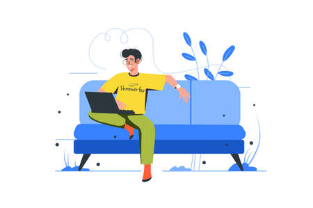 Freelance working modern flat concept. Happy homeworker with laptop sitting on sofa and doing work tasks online. Freelancer work from home. Vector illustration with people scene for web banner designのイラスト素材