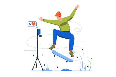 Video streaming modern flat concept. young man shows extreme tricks on skateboard and broadcasts...