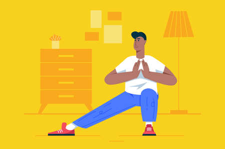 Sport training at home modern flat concept. Man does morning exercises at room. Young guy practicing yoga asana and trains balance postures. Vector illustration with people scene for web banner designのイラスト素材