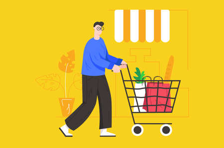 Shopping on sales at stores modern flat concept. Man pushes cart with food and walks in supermarket. Buyer makes purchases in grocery shop. Vector illustration with people scene for web banner designのイラスト素材