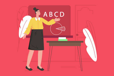 School teacher at lesson modern flat concept. Female teacher stands at blackboard and points hand to alphabet. Education and knowledge. Vector illustration with people scene for web banner designのイラスト素材