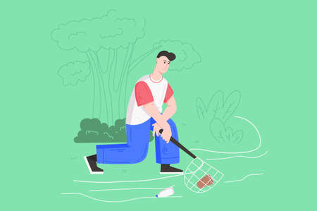 People collecting garbage modern flat concept. Man with net catches floating plastic and other waste...