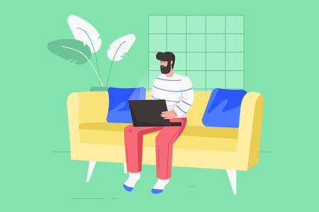 Freelance working at comfortable office modern flat concept. Happy man works at laptop sitting couch. Male freelancer doing tasks online. Vector illustration with people scene for web banner designのイラスト素材