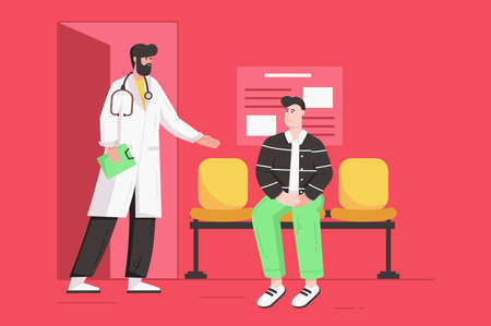 Medical clinic and healthcare service modern flat concept. Male doctor invites patient to enter office for examination and consultation. Vector illustration with people scene for web banner designのイラスト素材