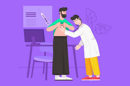 Medical clinic and healthcare service modern flat concept. Doctor listens to patients lungs via stethoscope, diagnostics and appointments. Vector illustration with people scene for web banner designのイラスト素材
