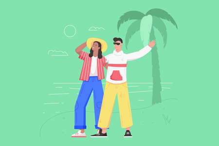 Tourists go on vacation travel modern flat concept. Happy couple walking along beach while relaxing...