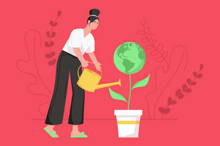 Earth day holiday celebration modern flat concept. Woman is watering plant with plant, caring and growing seedling. Environment Protection. Vector illustration with people scene for web banner designのイラスト素材