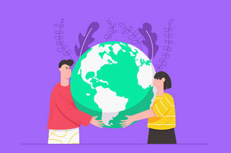 Earth day holiday celebration modern flat concept. Woman and man hug and hold planet. Nature care, environmental protection, eco activism. Vector illustration with people scene for web banner designのイラスト素材
