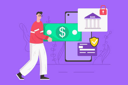 Online banking services modern flat concept. Man receives cash or deposits money to credit card and...