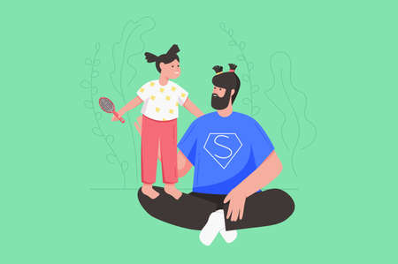 Fathers day holiday celebration modern flat concept. Cute little daughter ties ponytails at fathers hair. Happy dad playing with child. Vector illustration with people scene for web banner designのイラスト素材