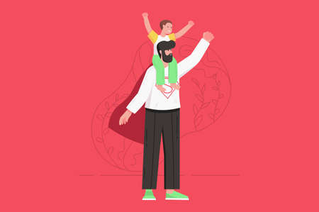 Fathers day holiday celebration modern flat concept. Happy son rides on his fathers shoulders. Dad in superhero costume plays with child. Vector illustration with people scene for web banner designのイラスト素材