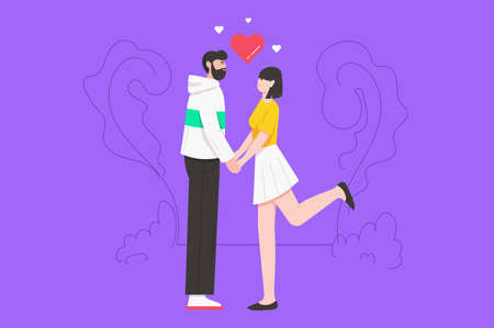 Valentines day holiday celebration modern flat concept. Cute couple stands holding hands. Loving man and woman flirting on romantic date. Vector illustration with people scene for web banner designのイラスト素材