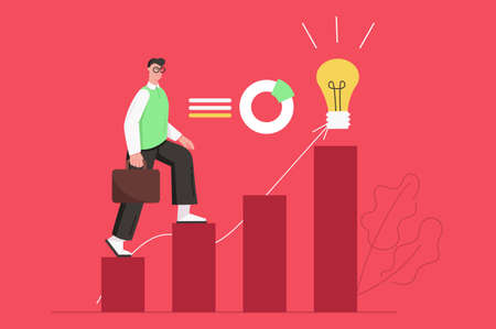 Startup and launch new business modern flat concept. Businessman with briefcase walks steps up career ladder. Ambition and goal achievement. Vector illustration with people scene for web banner designのイラスト素材