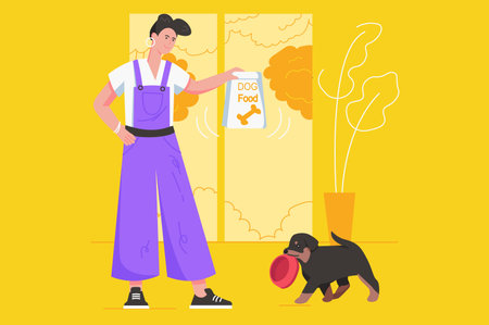 Cute pets and their owners together modern flat concept. Happy woman holding bag of food and going to feed dog, puppy carries his bowl. Vector illustration with people scene for web banner designのイラスト素材