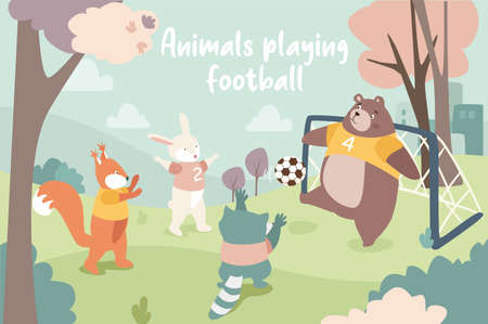 Animals playing football concept background. Rabbit, badger and raccoon kick ball and boar goalkeeper catches it at gate. Cute pets on playground in forest. Vector illustration in flat cartoon designのイラスト素材