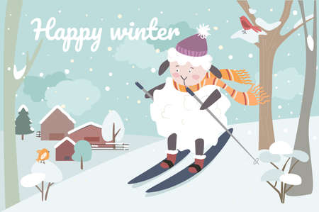 Happy winter animals concept background. Hedgehog and owl in warm scarves drink coffee and eat donuts sitting on bench in park. Cute pets in snowy city. Vector illustration in flat cartoon designのイラスト素材