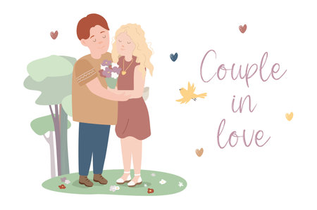Happy Valentines day concept background. Cute couple in love celebrates romantic holiday. Loving man and woman hugging and holding hands. greeting card. Vector illustration in flat cartoon designのイラスト素材