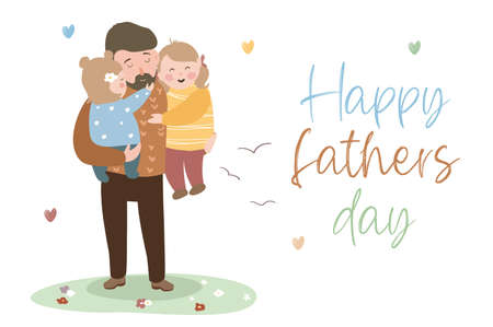 Happy Fathers day concept background. Cute dad hugs his daughters and holds them in his arms. Happy little girls cuddle and congratulate father on holiday. Vector illustration in flat cartoon designのイラスト素材