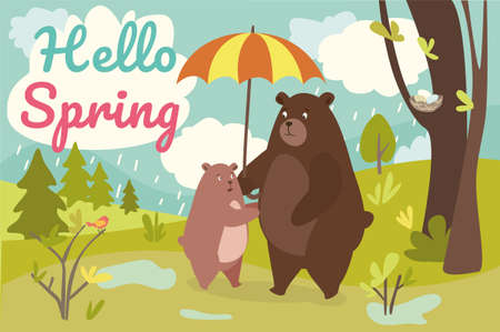 Hello spring concept background. Cute animals greeting springtime. Dad bear holds umbrella and bear cub hugs him. Family walking in forest in rainy weather. Vector illustration in flat cartoon designのイラスト素材