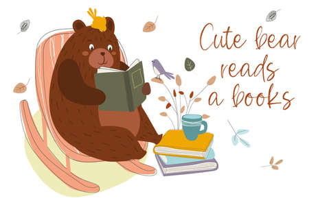 Cute bear reads a books concept background. Pet reads tales sitting in rocking chair near pile of books and drinking tea. Happy animal loves literature. Vector illustration in flat cartoon designのイラスト素材