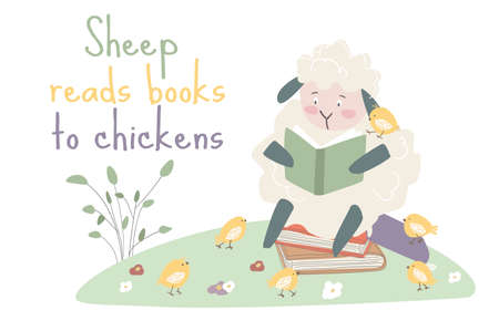 Sheep reads books to chickens concept background. Cute animal reads book sitting on pile of books. Happy pets love fairy tales and different literature. Vector illustration in flat cartoon designのイラスト素材