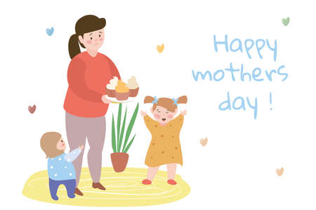 Happy Mothers day concept background. Smiling mom holds homemade cupcakes for her daughters, girls congratulate mommy on holiday. Greeting holiday card. Vector illustration in flat cartoon designのイラスト素材