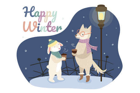 Happy winter concept background. Cute animals greeting wintertime. Rabbit and wolf drinking hot coffee and talking standing under lantern on snowy street. Vector illustration in flat cartoon designのイラスト素材