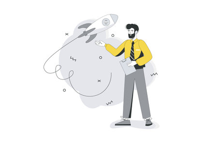 Startup flat line concept. Businessman starts new business. Entrepreneur creates new project, develops company and achievement goal. Vector illustration with outline people scene for web banner designのイラスト素材