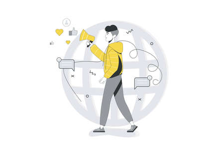 Marketing flat line concept. Young man makes advertising campaign in social networks. Marketer promotes business on Internet. Vector illustration with outline people scene for web banner designのイラスト素材