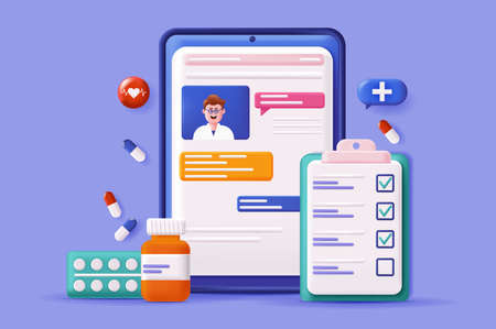 Medical and pharmacy concept 3D illustration. Icon composition with online chat of consulting doctor, questionnaire and medications. Medicine and healthcare. Vector illustration for modern web designのイラスト素材