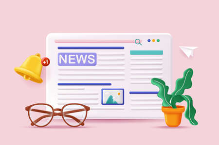 News and press concept 3D illustration. Icon composition with site interface with article titles in online media publication, reading global information. Vector illustration for modern web designのイラスト素材