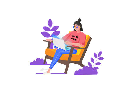 Freelance working concept in flat design. Happy woman working on laptop while sitting in chair. Employee performs tasks and is online. Vector illustration with isolated people scene for web bannerのイラスト素材