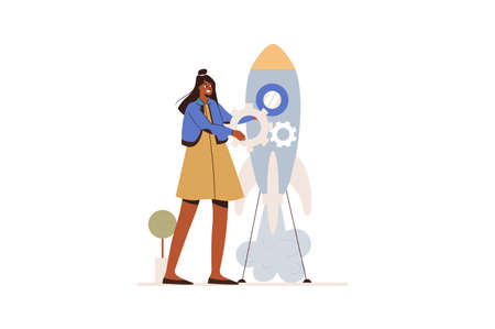 Startup launch concept in flat design. Young girl creates successful business. Businesswoman...
