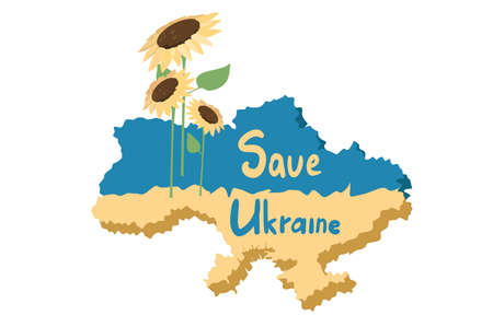 Save Ukraine poster isolated concept background. Country map in yellow and blue colors with sunflowers. Protection of Ukraine. Vector illustration in flat cartoon design.のイラスト素材