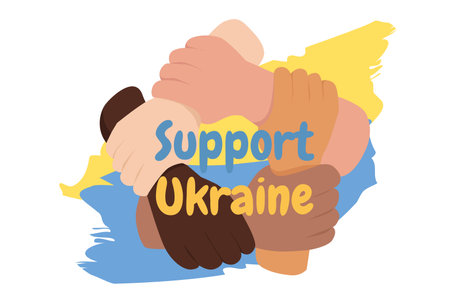 I Support Ukraine poster isolated concept background. People hands hold and protect Ukraine yellow and blue colors map. Stop the war together. Vector illustration in flat cartoon design.のイラスト素材