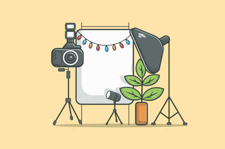 Photo studio concept in flat line design. Photography equipment color outline scene. Objects composition with camera on tripod, floodlights, backdrop with garlands. Vector illustration with web iconのイラスト素材