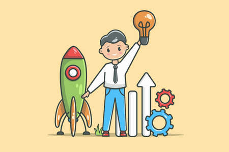 Startup business concept in flat line design. Launch new project color outline scene. Businessman holding lightbulb while standing near rocket, graphs and gears. Vector illustration with web iconのイラスト素材