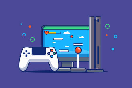 Video gaming concept in flat outline design. Gamepad near computer with virtual game on screen. Joystick and other devices for playing entertainment. Vector illustration with colorful line web sceneのイラスト素材