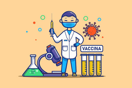 Omicron virus concept in flat outline design. Coronavirus disease outbreak. Doctor in protective mask makes vaccination, huge microscope in laboratory. Vector illustration with colorful line web sceneのイラスト素材