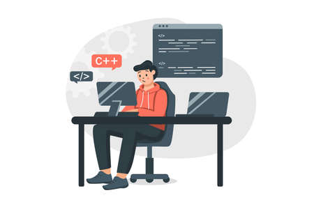 Programmer coding concept in flat design. Man developer works at computer, writes and tests code, creates programs and software while sitting in office. Vector illustration with people scene for webのイラスト素材