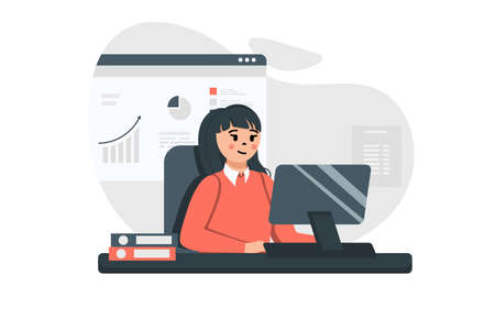 Office worker concept in flat design. Woman employee works at computer while sitting at desk in office. Secretary preparing report and making paperwork. Vector illustration with people scene for webのイラスト素材