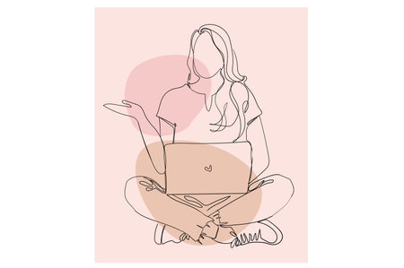 Young woman working at laptop continuous line drawing concept. Student sitting and learning online. Female freelancer work remotely at home. Vector illustration in outline hand drawn design for webのイラスト素材