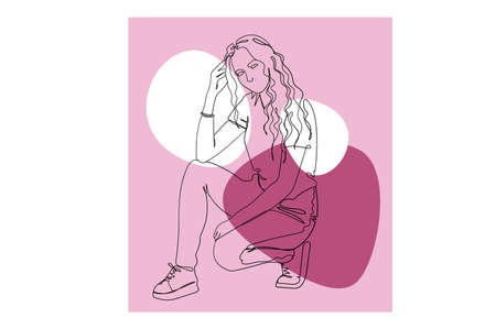 Stylish young girl continuous line drawing concept. Woman with curly hairstyle in fashionable clothes are sitting. Student in casual clothes. Vector illustration in outline hand drawn design for webのイラスト素材