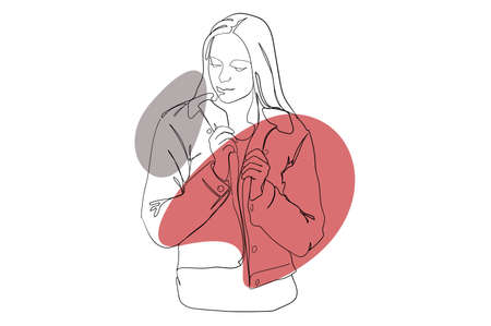 Stylish young girl continuous line drawing concept. Woman with long hair wears fashionable jacket and holds collar. Student in casual clothes. Vector illustration in outline hand drawn design for webのイラスト素材