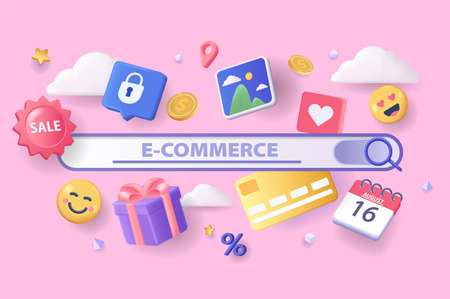 E-commerce concept 3D illustration. Icon composition with search bar, credit card, gift and other. Online shopping, choose goods and make purchases at sales. Vector illustration for modern web designのイラスト素材
