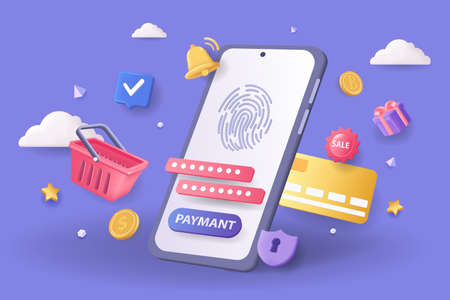 Mobile payment concept 3D illustration. Icon composition with fingerprint scanner on screen, credit card and other. Online shopping and secure paying at app. Vector illustration for modern web designのイラスト素材